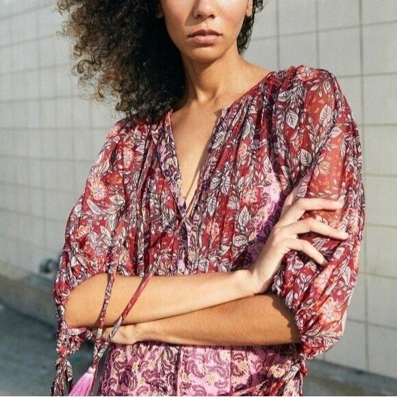 Free People Estelle Chiffon Maxi Dress Buttondown Printed Ruffle Flowy S 280250 - Picture 5 of 14